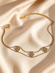 Wavy Snake Chain Choker,304 Stainless Steel Star Camellia Rhinestone Flower Necklace Women Stackable Jewelry - Yellow Gold - View 5