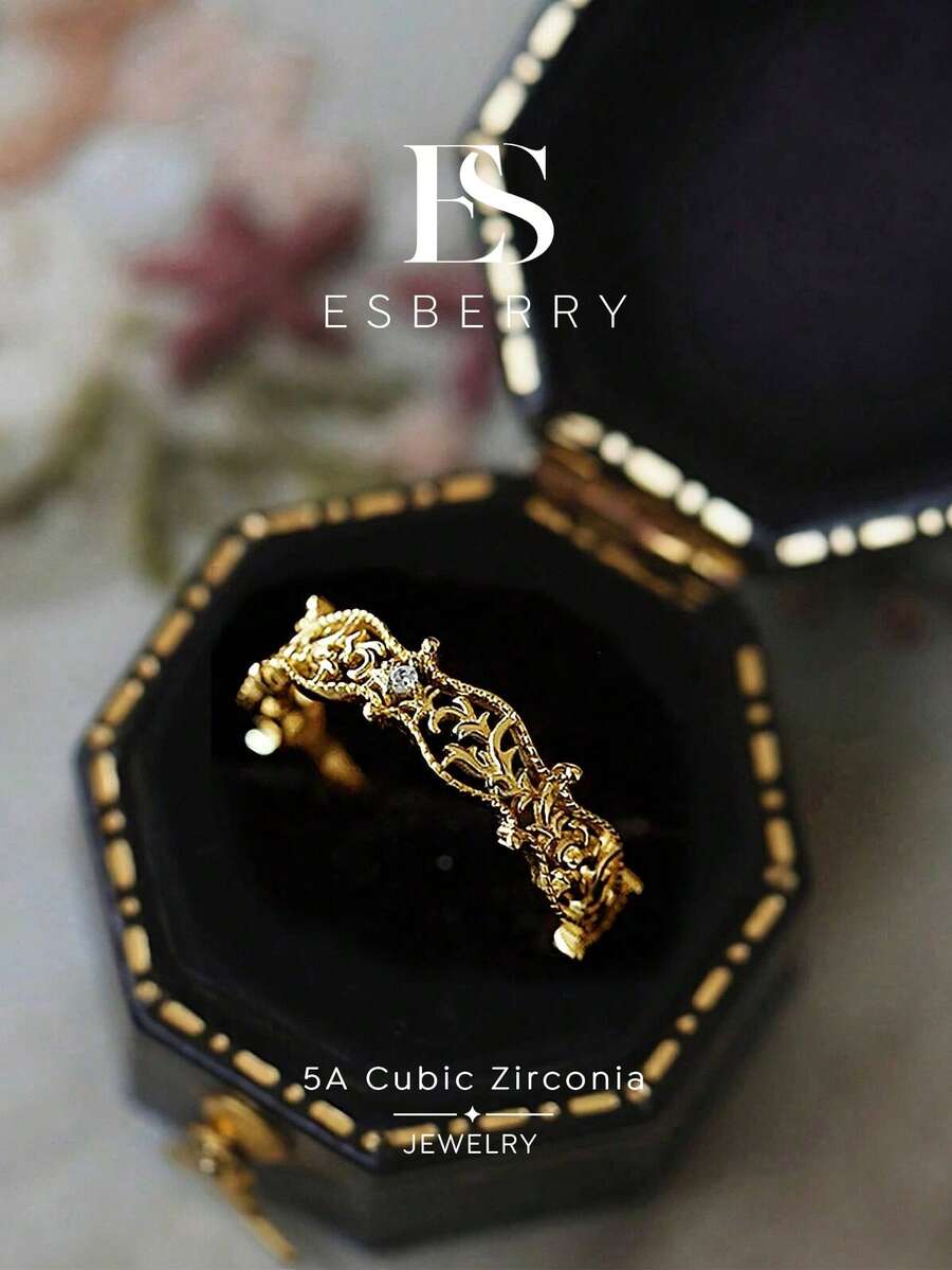ESBERRY 1件復古宮廷風戒指，女士珠寶，精緻飾品，情侶約會禮物，球形裝飾 - 金色 - 查看 1