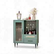 Modern Wine Bar Cabinet With Tempered Glass Door – Freestanding Buffet Sideboard With Integrated Wine Glass Rack, Drawers, Adjustable Shelves – Compact Storage For Home, Kitchen, Dining, Living Room - Green - View 8