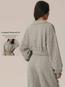 Women's Heather Grey Tonal Polka Dot Quarter Zip Mock Neck Sweatshirt Drop Shoulder Cropped Ribbed Hem Casual Yoga Gym Workout Outerwear - Light Grey - View 2