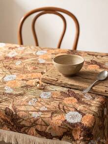 1pc Brown Base Vintage Autumn Floral Plant Print Tablecloth, Retro Natural Style Jacquard Fabric, Rectangular Beige Tassel Edge Detail, Stain-Resistant Desktop Protection Functional Long Tablecloth Suitable For Daily Home And Natural Dining Table Decor Scenes - Brown - View 7