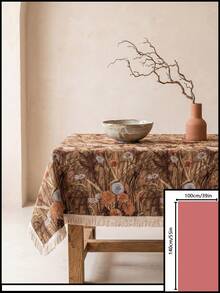 1pc Brown Base Vintage Autumn Floral Plant Print Tablecloth, Retro Natural Style Jacquard Fabric, Rectangular Beige Tassel Edge Detail, Stain-Resistant Desktop Protection Functional Long Tablecloth Suitable For Daily Home And Natural Dining Table Decor Scenes - Brown - View 20