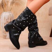 Women's Fashion Pointed Toe Low Heel Rivet Western Style Holiday Pleated Boots - Black - View 7