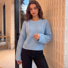 Women's Light Blue Cable Knit Short Pullover Sweater, Long Sleeve Regular Hem Winter Top - Blue - View 4