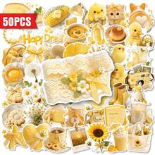 50pcs Cream Yellow Gentle Healing Stickers, Ins Style Cute Pets & Food Planner Decoration Waterproof Stickers - Multicolor - View 1