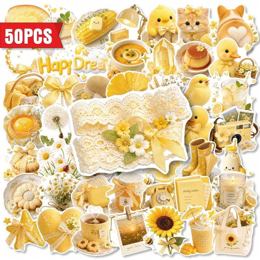 50pcs Cream Yellow Gentle Healing Stickers, Ins Style Cute Pets & Food Planner Decoration Waterproof Stickers - Multicolor - View 1