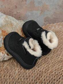 Infant & Toddler Thermal Lined Warm Boots, Unisex Solid Color Soft Sole Fashion Versatile Mid-Top Boots, Hook & Loop Easy On/Off Design - Black - View 4