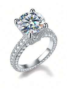 ESBERRY 1pc Moissanite Ring, High-End 5 Carat 4-Prong Micro-Pave Band, Suitable For Women's Engagement And Anniversary Wear - Silver - View 3