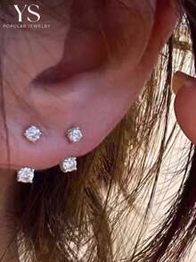 2pcs CZ Stud Earrings, Reversible Wear, Decorated With Small Sparkling Rhinestones, Suitable For Men And Women, Design Full Of Starlight, Women's Earrings - Silver - View 1