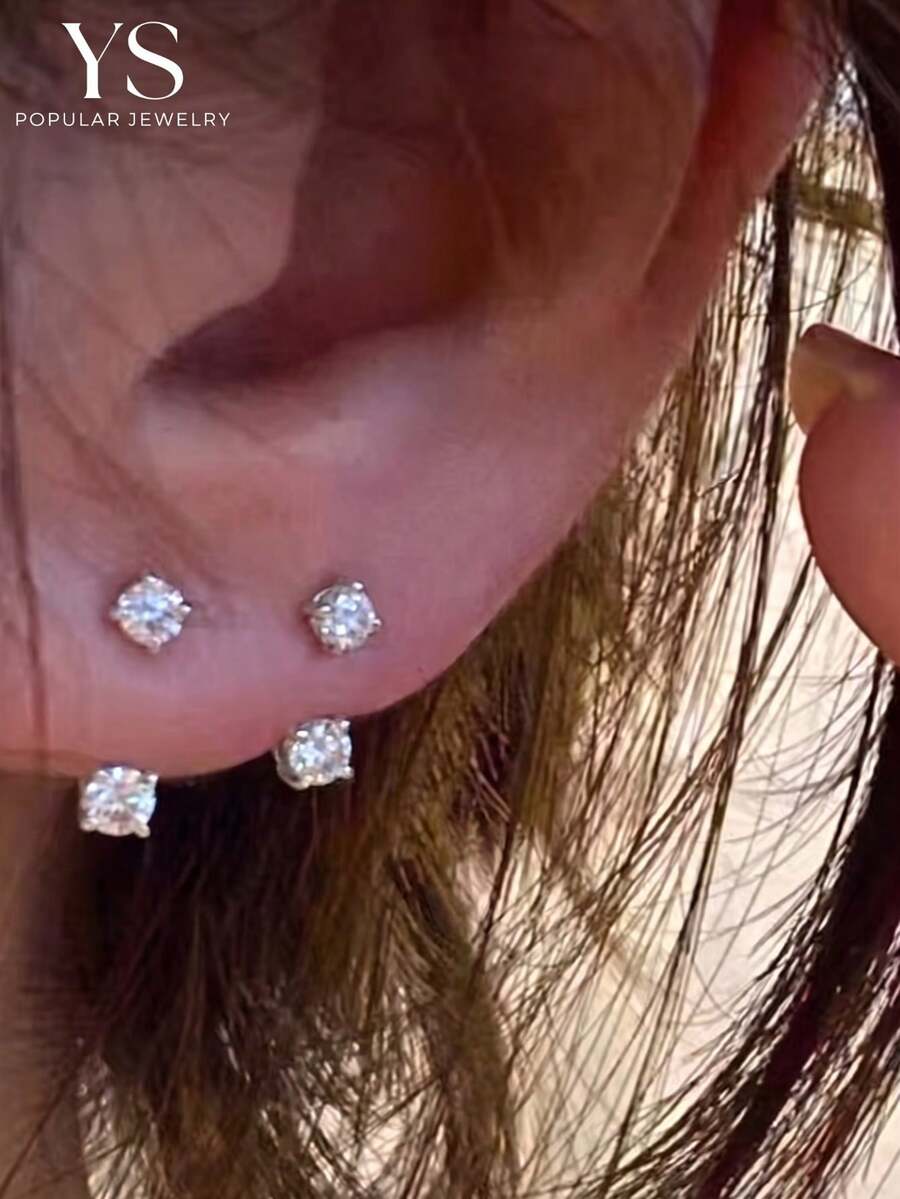2pcs CZ Stud Earrings, Reversible Wear, Decorated With Small Sparkling Rhinestones, Suitable For Men And Women, Design Full Of Starlight, Women's Earrings - Silver - View 1