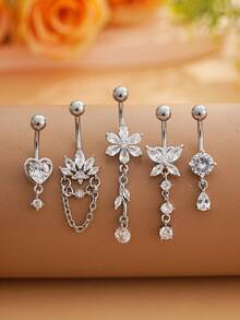 5pcs Sexy Small Water Drop Butterfly Fan-Shaped Chain Shiny Zirconia Decor Stainless Steel Pierced Belly Button Ring For Daily Wear - Yellow Gold - View 7