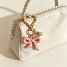 Pink Bow Pearl Pendant Heart Buckle Keychain, Girly Style Bag Charm Small Gift - A - View 4