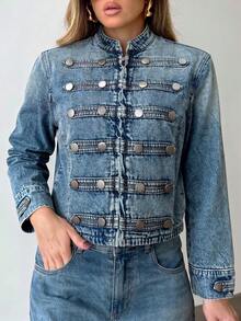 Women's Fashion Vintage Denim Jacket, Long Sleeve Stand Collar Short Coat With Zipper And Decorative Buttons - Light Wash - View 2