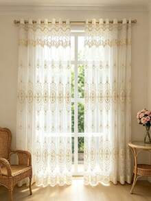 1pc European High-End Embroidered Curtain, Suitable For Living Room & Bedroom, Luxury Embossed Embroidery Curtain With Beaded Screen, Bedroom Sheer Voile Curtain - Multicolor - View 1