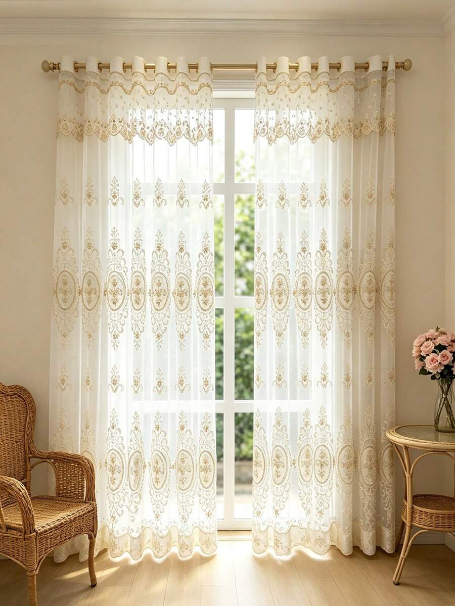 1pc European High-End Embroidered Curtain, Suitable For Living Room & Bedroom, Luxury Embossed Embroidery Curtain With Beaded Screen, Bedroom Sheer Voile Curtain - Multicolor - View 1