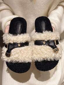Fluffy Women's Indoor Slippers, Thick-Soled Platform Slippers, Height-Increasing Casual Slippers, Quiet Floor Slippers - Beige - View 2
