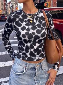 Kaos Lengan Panjang Wanita Motif Leopard Vintage, Pas Badan, Elastis, Slim-Fit, Kerah Bulat, Atasan Layering Gaya Y2K - Hitam - View 2
