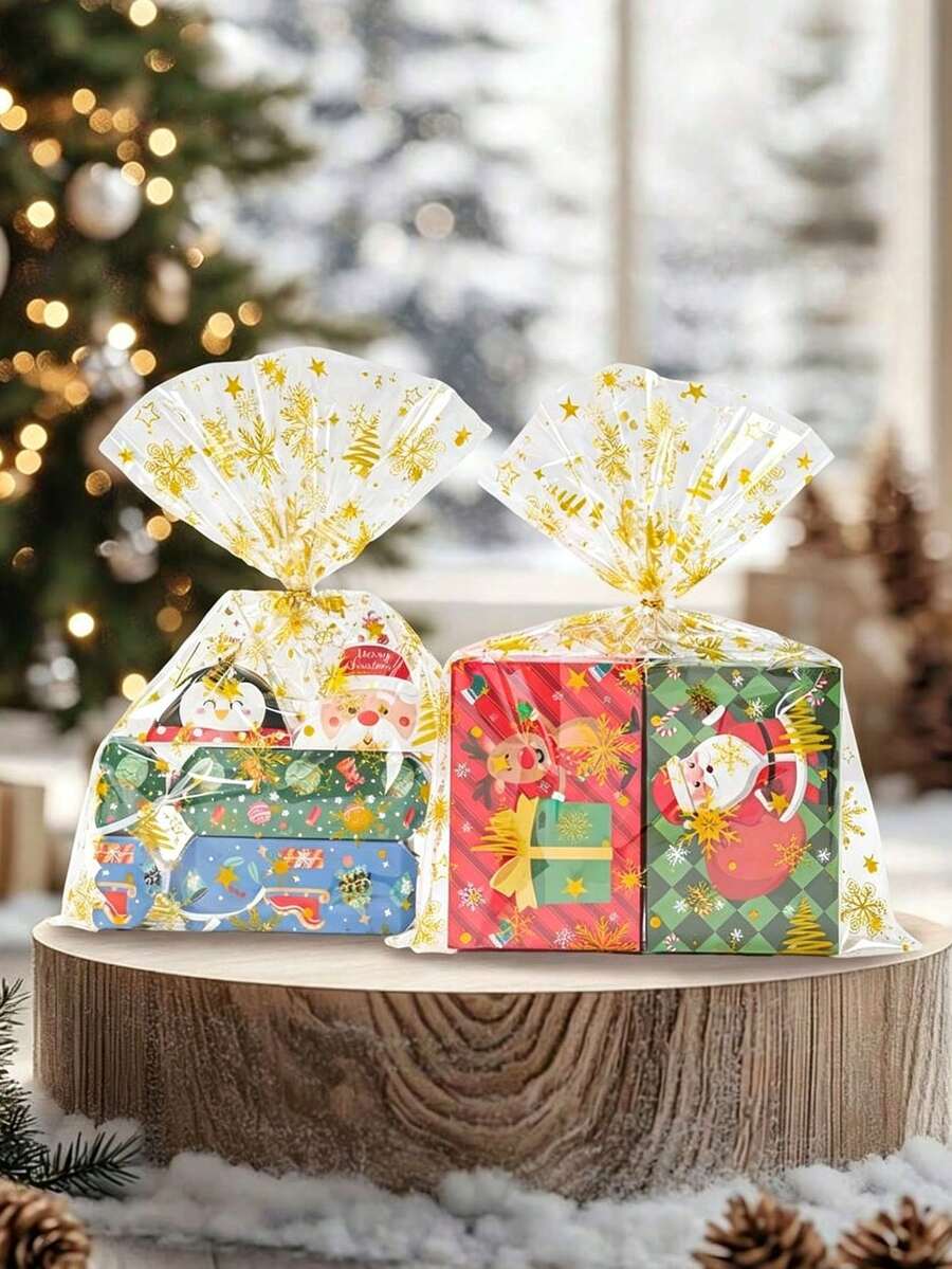 10pcs Transparent Christmas Cellophane Gift Bags Featuring Snowflake, Star, And Christmas Tree Patterns; Suitable For Christmas Gift Wrapping, Christmas Party Supplies, And Festive Home Decor. - Multicolor - View 1