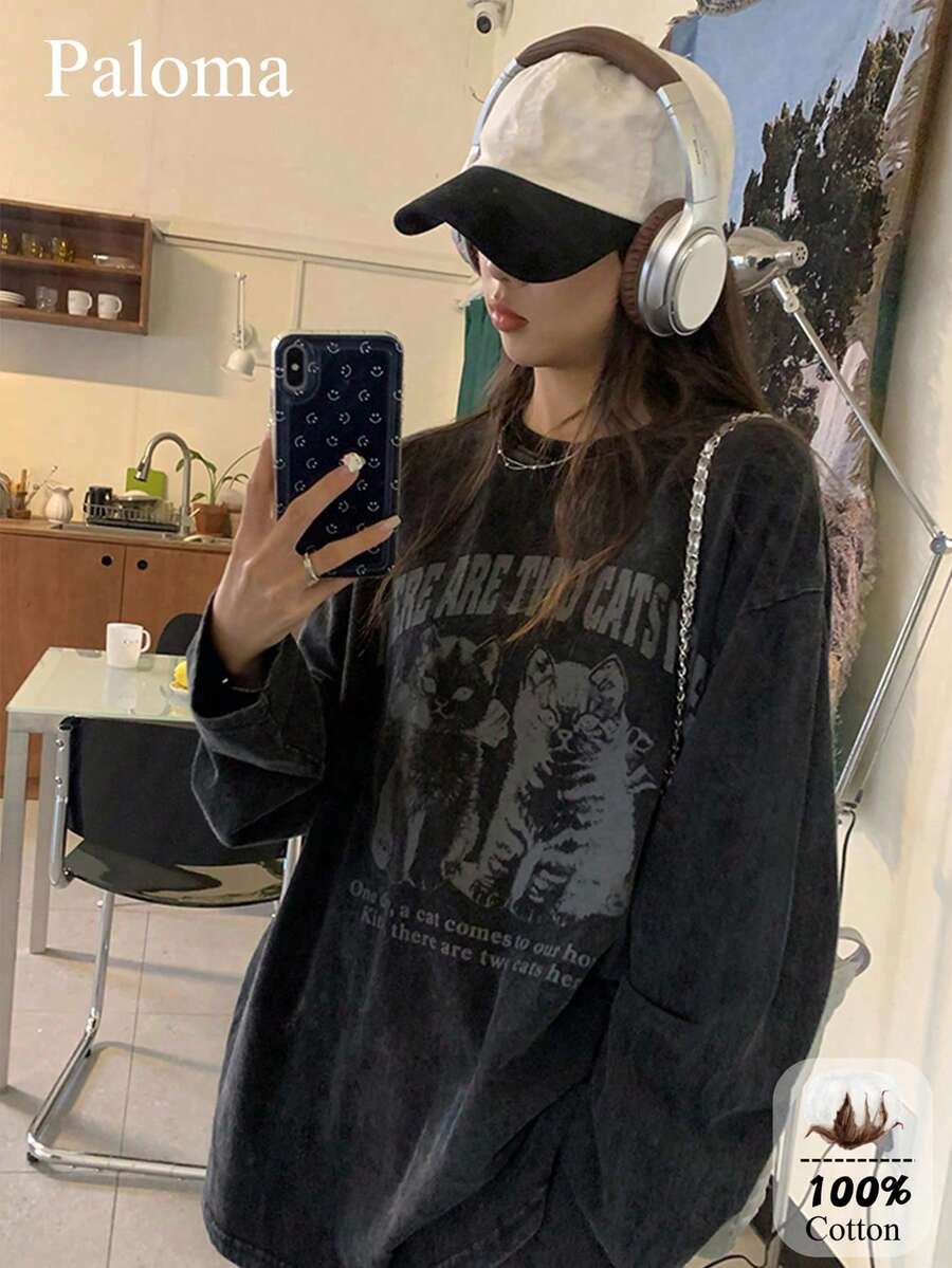 Women's Cat Print T-Shirt, Commuter Slouchy, Pure Cotton Loose Casual Long Sleeve Crew Neck Top - Black - View 1