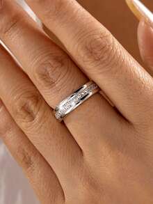 1pc Fashionable Versatile Personalized Elegant Micro-Inlaid Cubic Zirconia Ring, Simple Elegant Elegant Finger Ring Suitable For Men And Women Daily Wear - Silver - View 5