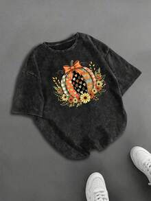 Vintage Distressed Style Cat Print Plus Size Women's T-Shirt - Black - View 5