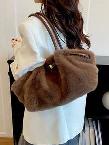 Soft Fuzzy Plush Tote Bag, Winter Retro Shoulder Bag, Large Capacity Handbag With Handles Suitable For Office Shopping Daily Used Commuting - Multicolor - View 3