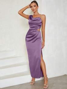 Cold Shoulder Sleeveless Solid Color Ruched Waist Cutout Slit Bodycon Dress - Purple - View 5
