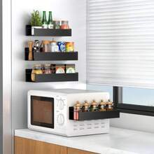 1/2pcs Magnetic Side Storage Rack Set, Suitable For Refrigerator And Washing Machine - No Drilling Required, Easy Installation, Fashionable Black Metal Texture, Wall-Mounted Spice Rack - Black - View 2