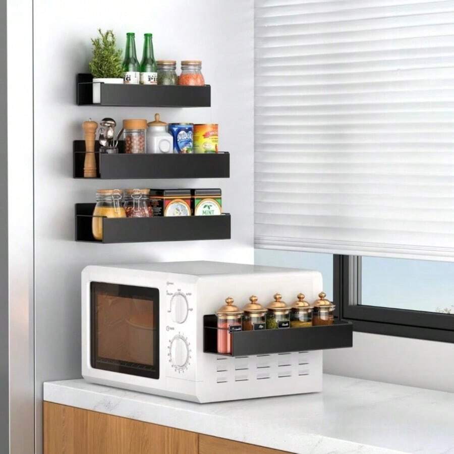 1/2pcs Magnetic Side Storage Rack Set, Suitable For Refrigerator And Washing Machine - No Drilling Required, Easy Installation, Fashionable Black Metal Texture, Wall-Mounted Spice Rack