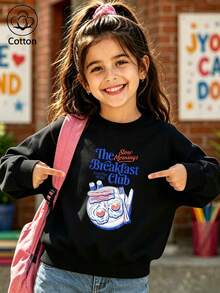 Children's Crew Neck Sweatshirt With Retro Breakfast Food Illustration Print - Black - View 10