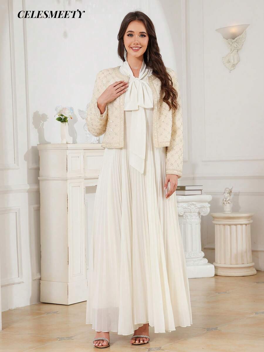 2pcs Floral Pattern Sequin Bead Elegant Women's Chiffon Maxi Dress With Blazer - Beige - View 1