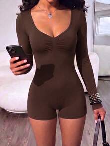 NOIRLYN Women's Autumn Y2K Sexy V-Neck Ruched Front Long Sleeve Fitted Romper Set, Suitable For Sports, Fitness And Casual Wear - Brown - View 4