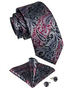 5Pcs Men Black Red Gradient Paisley Jacquard Tie Pocket Square Cufflinks Tie Clip Ring Set, Cufflinks Pattern Random For Wedding - Red - View 5