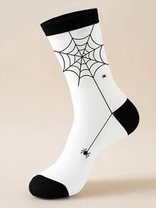 1 Pair Halloween Black & White Spider Web Breathable Mid-Calf Socks For Men Women Couples - Black and White - View 4