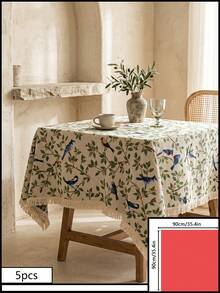 1pc Beige Base Green Branch & Blue Bird Print Tablecloth, French Fresh Style Linen Blend Fabric, Square Shape With Beige Tassel Edge Detail, Stain-Resistant Desktop Protector, Functional Dining Table Cloth Suitable For Daily Breakfast And Cozy Home Decor Scenes - Beige - View 10
