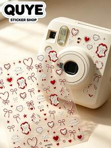 1 Set d'autocollants de style doux, beaux motifs romantiques de cœur rouge et de nœud, convient pour décorer les coques de téléphone, les appareils photo, les bouteilles d'eau et les accessoires électroniques - Autocollant nœud papillon cœur vintage rouge - Voir 3