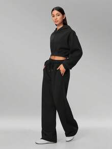 MFVIM Women's Autumn/Winter New Short Zip-Up Hoodie + Sweatpants 2pcs Versatile Sports Casual Set - Premium Black - View 7