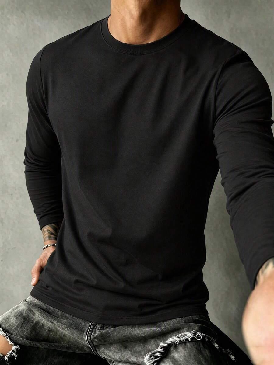 Men's Spring/Autumn Fashion Versatile Minimalist Vertical Stripe English Print Casual Crew Neck Long Sleeve T-Shirt - Black - View 1