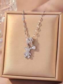 Romantic Pink Cubic Zirconia Inlaid Bear Pendant Necklace, Gold Plated Delicate Chain, Suitable For Women's Daily Wear Accessory - Bear - View 6