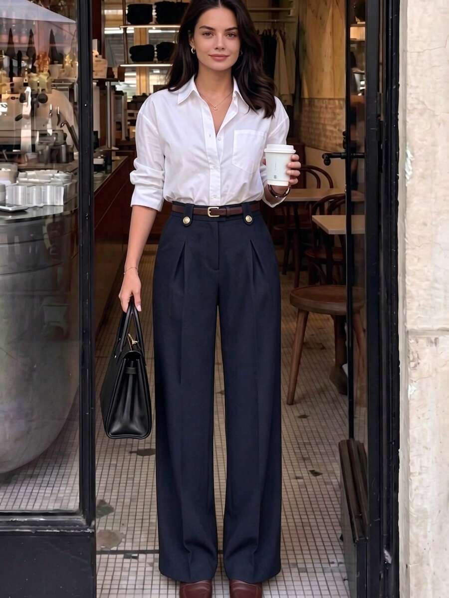 女款秋季優雅休閒高腰百褶寬腿西裝褲 金色鈕扣細節 側口袋 寬鬆版型 早午餐城市通勤上班穿搭 - 藍色 - 查看 1