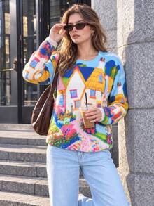 Women's Fairy Tale Country Style Printed Sweater, Soft And Lightweight, Layerable Design, Winter Style, Suitable For Daily Outings - Blue - View 5