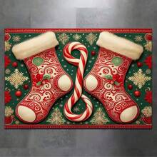 1pc Green Background Red Christmas Sock Candy Cane Carpet, Christmas Style, Christmas, Decorative Mat, Entrance Mat, Door Mat, Small Rug, Welcome Mat, Carpet, Kitchen Rug, Home Decor, Front Door Mat, Area Rug, Area Carpet - Multicolor - View 2