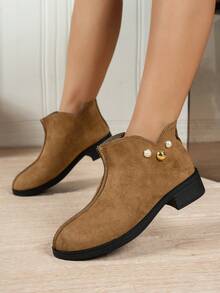 Women's Autumn/Winter New Brown Luxury Fashion Versatile Ankle Boots, Round Toe Pearl Decor Vacation Commute Western Style Retro Ankle Boots - Brown - View 8