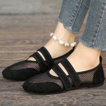 Women's Square Toe Mesh Flat Mary Jane Shoes, Double Strap Design, French Gentle Style, Breathable Spring Summer Daily Wear - Black - View 5