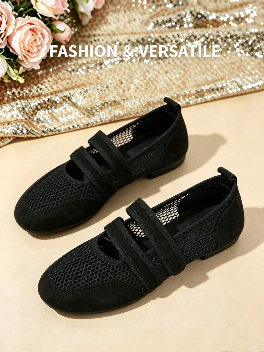 Women's Square Toe Mesh Flat Mary Jane Shoes, Double Strap Design, French Gentle Style, Breathable Spring Summer Daily Wear - Black - View 1