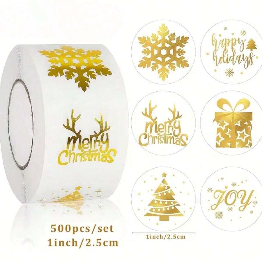 1 Roll Transparent Gold Glitter Christmas Gift Box Sealing Stickers, Handmade Decorative Gift Adhesive Label Stickers - Multicolor - View 1