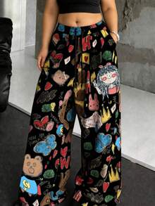 Plus Size Women's Cartoon Print Wide Leg Pantssweatpant,Loose Casual Trousers Vacation Fall - Black - View 2
