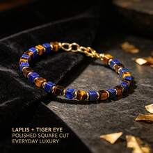 1PC Natural Lapis Lazuli And Tiger Eye Stone Square Bead Bracelet, Retro Luxury Wrist Accessory, Unisex, Suitable For Parties And Birthday Gifts. - Multicolor - View 1