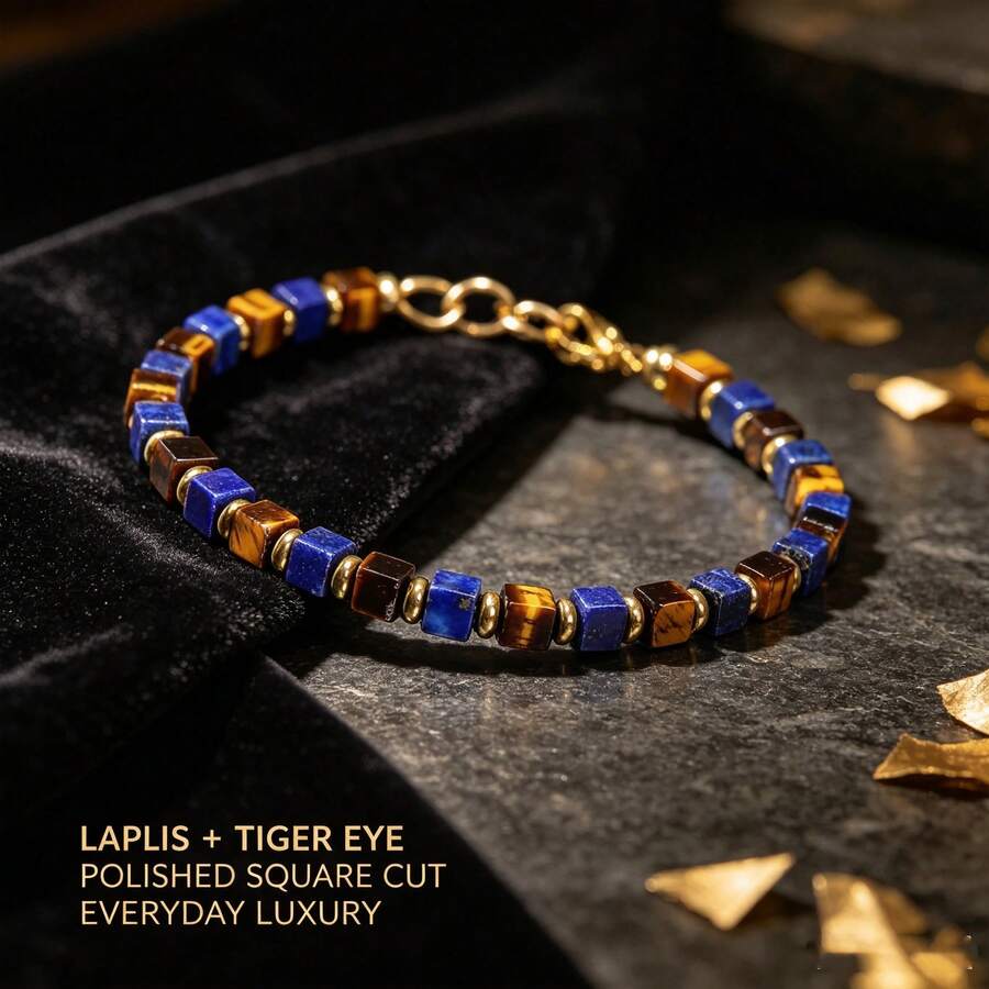 1PC Natural Lapis Lazuli And Tiger Eye Stone Square Bead Bracelet, Retro Luxury Wrist Accessory, Unisex, Suitable For Parties And Birthday Gifts. - Multicolor - View 1