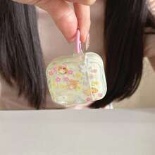 Light Yellow Green Floral & Cute Animal Earphone Case, Pink Round Ring Buckle, Full Print Colorful Flowers & Soft Puppy & Lamb Pattern, Wavy Edge Transparent Soft Shell, TPU Material Clear & Translucent, Gentle & Delicate Pattern Colors, Firm Printing Resistant To Wear, Fits Earphone Contour, Precise Charging Port, Easy Open/Close, Side Hanging Hole, Conveniently Hang On Bag With Round Ring, Prevent Loss - Light Yellow - View 7